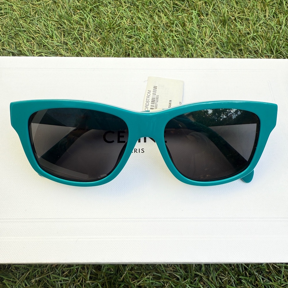 Celine MONOCHROMS 55mm Square Shiny Turquoise Smoke Green Sunglasses CL40249U